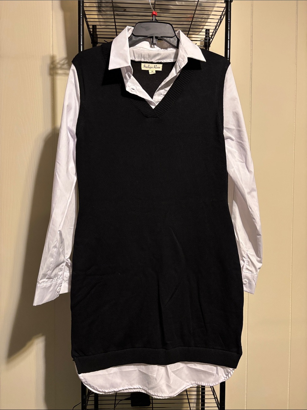 Black V-Neck Knit Vest with White Shirt Layering Detail
